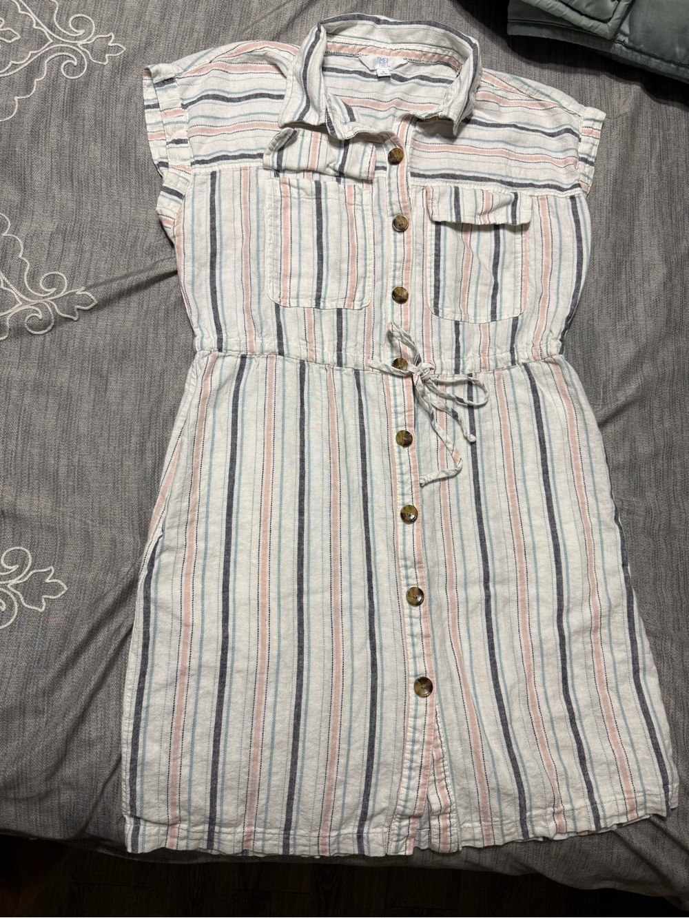 Time and Tru White Dress with Blue and Pink Stripes and Button Front